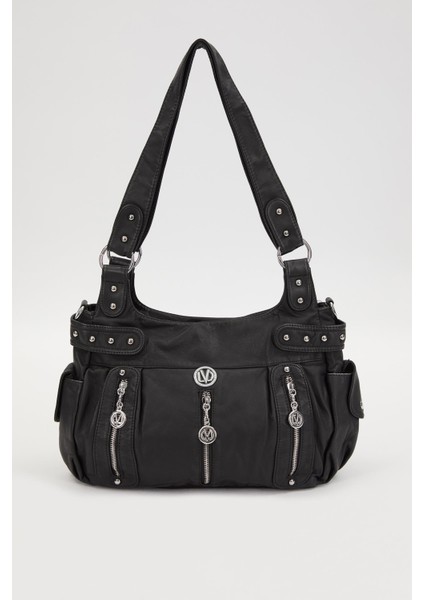 Siyah Zımba Detaylı Omuz Çantası