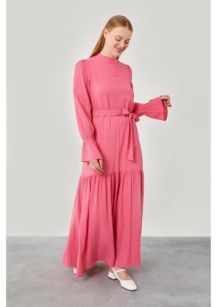 Fuşya Belden Kusaklı Uzun Elbise