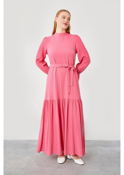 Fuşya Belden Kusaklı Uzun Elbise fiyatları
