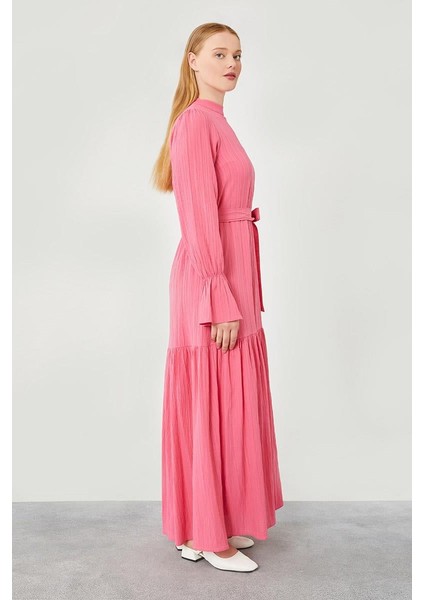 Fuşya Belden Kusaklı Uzun Elbise modelleri