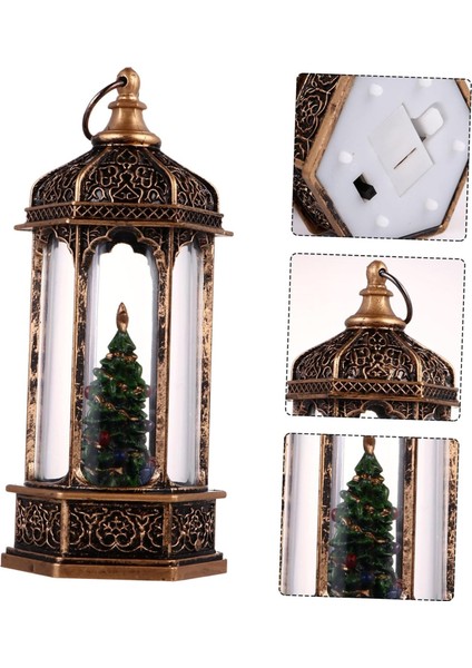 Yılbaşı Süslü Ağaç Tasarımlı Gold Sulu Simli Fener Tipi Işıklı Küre Retro Biblo Fener