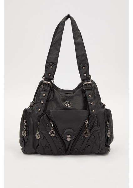 Siyah Metal Zımba Detay Omuz Çantası