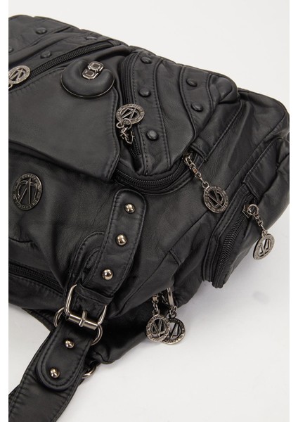 Siyah Metal Zımba Detay Omuz Çantası modelleri