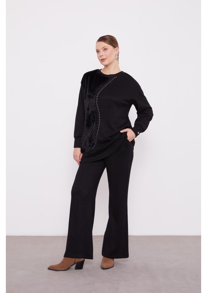 Siyah Peluş Detaylı Kaşmir İkili Takım