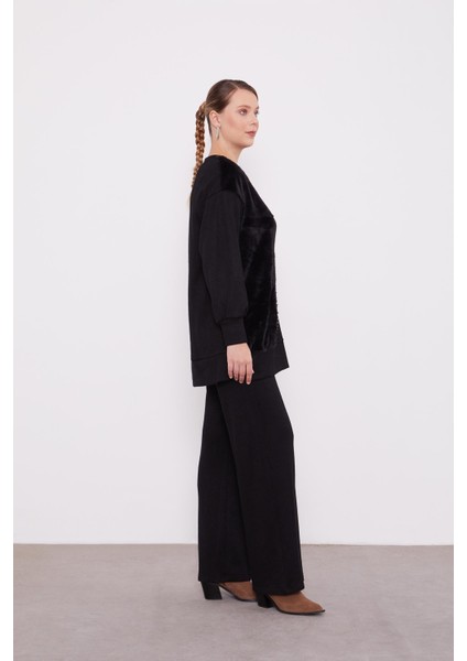 Siyah Peluş Detaylı Kaşmir İkili Takım modelleri