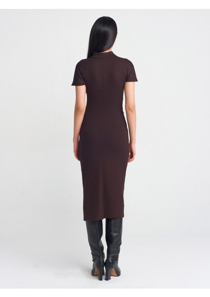 91297 Streç Örme Midi Elbise-Koyu Kahve