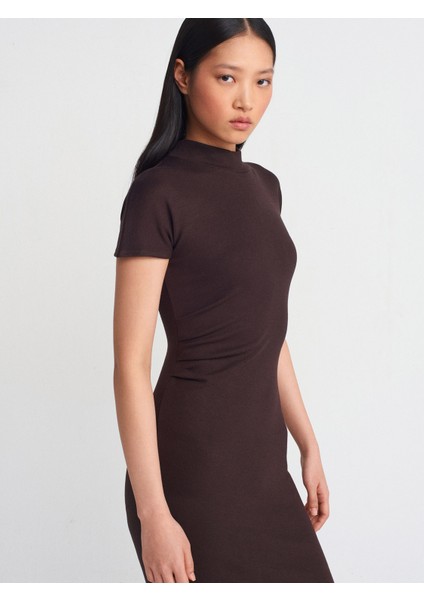 91297 Streç Örme Midi Elbise-Koyu Kahve