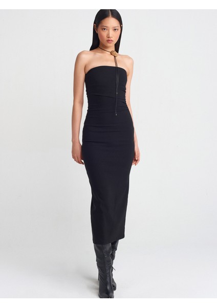 90911 Straplez Yaka Midi Elbise-Siyah