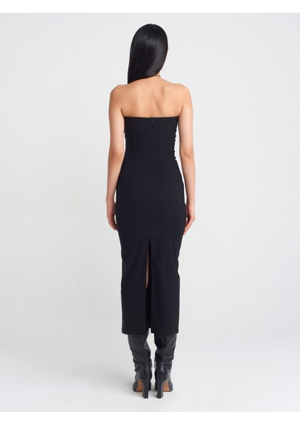90911 Straplez Yaka Midi Elbise-Siyah