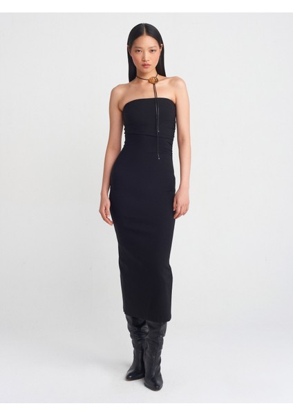 90911 Straplez Yaka Midi Elbise-Siyah