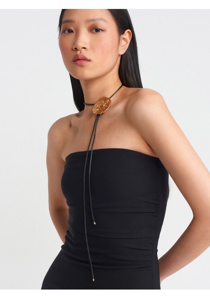 90911 Straplez Yaka Midi Elbise-Siyah