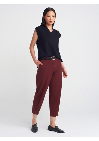 71590 Kemerli Crop Pantolon-Bordo