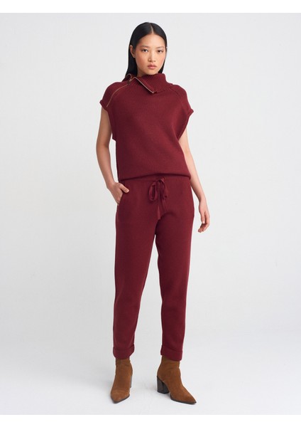 70166 Beli Lastikli Bağcıklı Triko Pantolon-Kahve