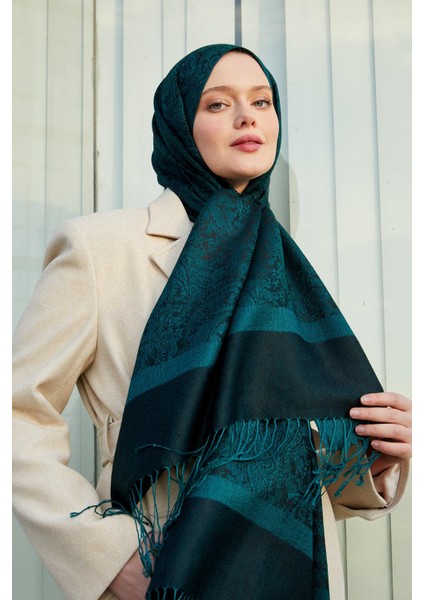 Zümrüt Püsküllü Etnik Kaşmir İpek Şal