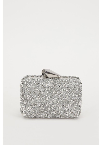 Mini Gümüş Kare Taşlı Abiye El Çantası