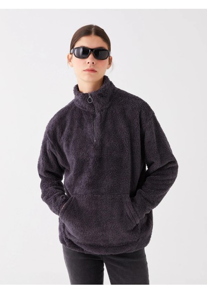 Vision Dik Yaka Düz Uzun Kollu Oversize Kadın Pelüş Sweatshirt