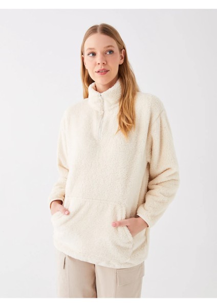 Vision Dik Yaka Düz Uzun Kollu Oversize Kadın Pelüş Sweatshirt