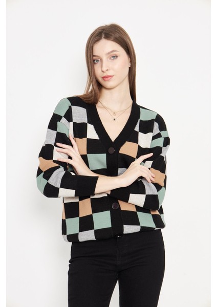Kare Desenli Oversize Triko Hırka 1905
