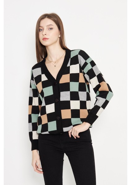 Kare Desenli Oversize Triko Hırka 1905
