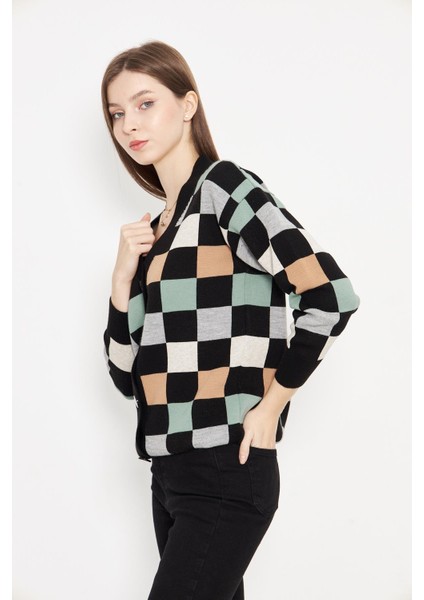 Kare Desenli Oversize Triko Hırka 1905