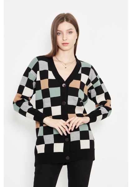 Kare Desenli Oversize Triko Hırka 1905