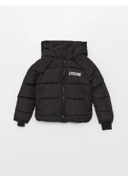 Kids Siyah Kapüşonlu Baskılı Kız Çocuk Şişme Mont