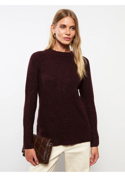 Basic Bisiklet Yaka Kendinden Desenli Uzun Kollu Kadın Triko Kazak