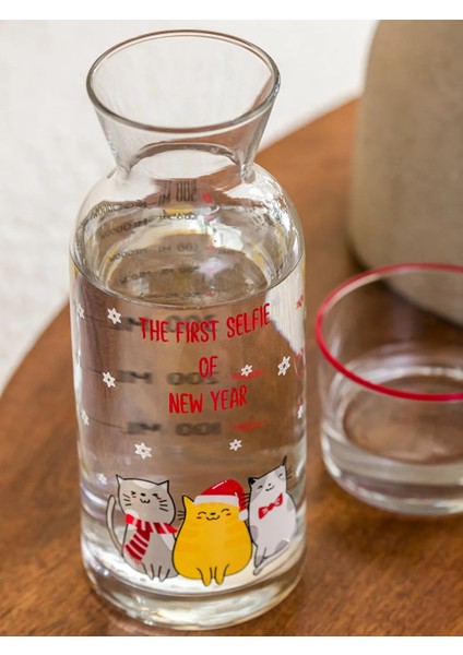 Yeniyıl Kedi Baskılı Cam Sürahi 700 ml