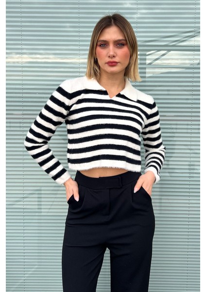 Kadın Pola Yaka Çizgili Triko Crop Kazak 6624
