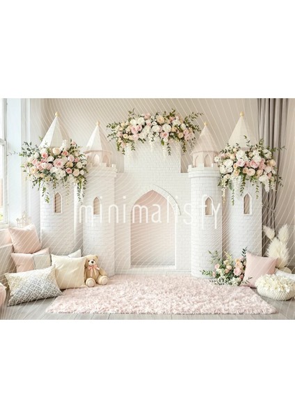 Masalsı Arka Plan, 200X150CM, Şirin Çiçekli Kalesi ve Yumuşak Renklerle Stüdyo Fonu