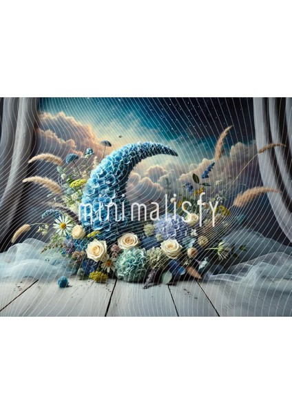 Büyüleyici Mavi Çiçek Aranjmanı ile Hayal Perdesi Arka Plan, 200X150CM, Stüdyo Fonu