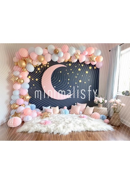 Sevimli Yıldızlar ve Ay Teması ile Tasarlanmış Arka Plan | 200X150CM | Stüdyo Fonu