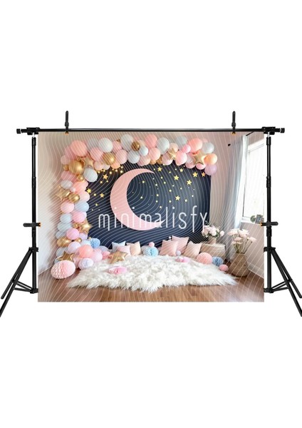 Sevimli Yıldızlar ve Ay Teması ile Tasarlanmış Arka Plan | 200X150CM | Stüdyo Fonu fiyatları