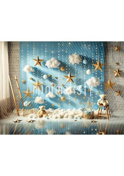 Işıltılı Yıldızlar ve Bulutlar Temalı 200X150CM Arka Plan, Stüdyo Fonu