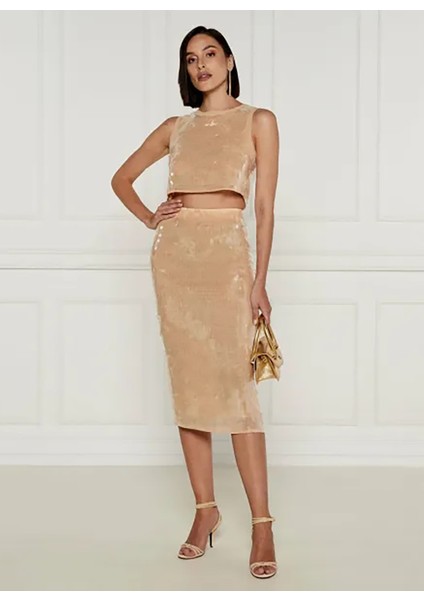 Yüksek Bel Bej Kadın Uzun Etek 8G0413