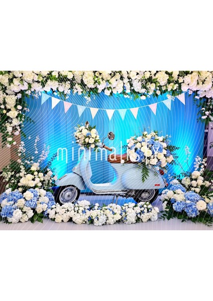 Göz Alıcı Mavi Çiçeklerle Süslenmiş Vespa Arka Plan 200X150CM Stüdyo Fonu