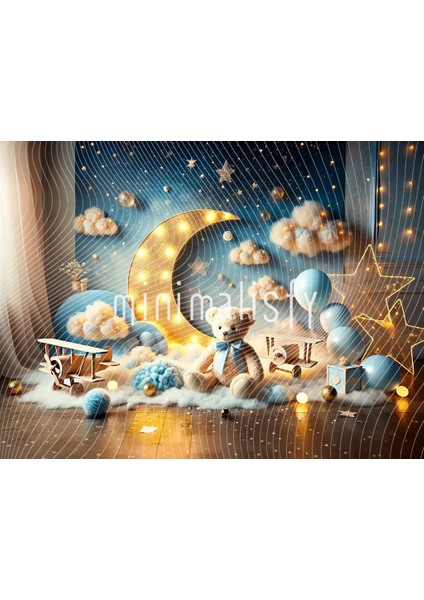 Büyülü Gece Arka Planı 200X150CM, Sevimli Ayıcık ve Yıldızlarla Stüdyo Fonu