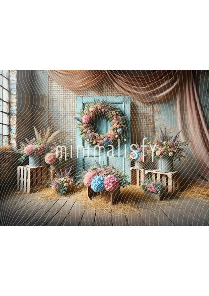 Rengarenk Çiçekler ve Eski Kapı Arka Plan 200X150CM, Stüdyo Fonu