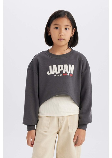 Kız Çocuk 2'li Takım Crop Bisiklet Yaka Baskılı Sweatshirt Atlet D8820A825SP