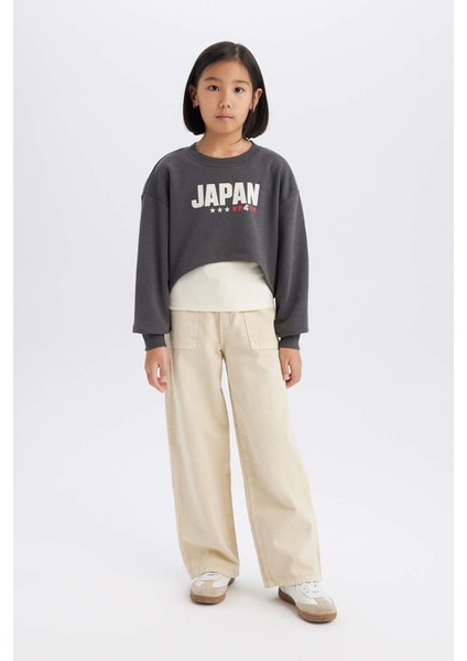 Kız Çocuk 2'li Takım Crop Bisiklet Yaka Baskılı Sweatshirt Atlet D8820A825SP