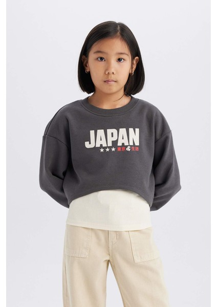 Kız Çocuk 2'li Takım Crop Bisiklet Yaka Baskılı Sweatshirt Atlet D8820A825SP
