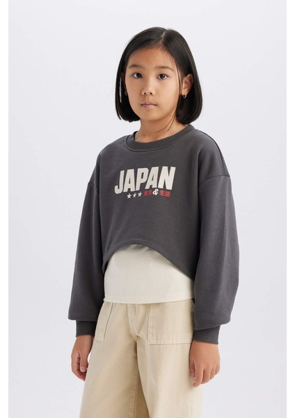 Kız Çocuk 2'li Takım Crop Bisiklet Yaka Baskılı Sweatshirt Atlet D8820A825SP