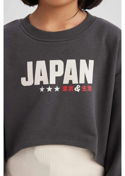 Kız Çocuk 2'li Takım Crop Bisiklet Yaka Baskılı Sweatshirt Atlet D8820A825SP