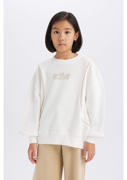 Kız Çocuk Oversize Geniş Kalıp Bisiklet Yaka Baskılı Sweatshirt D9784A825SP