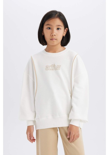 Kız Çocuk Oversize Geniş Kalıp Bisiklet Yaka Baskılı Sweatshirt D9784A825SP
