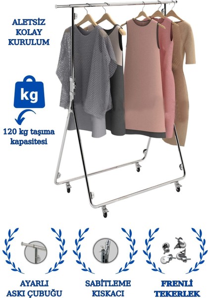 Katlanabilir Lüks Ayaklı Kıyafet Askısı Tekerlekli Askılık Metal Askılık