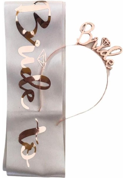 Bride Rose Gold Metal Taç ve Kuşak Set