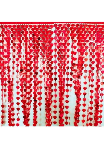 Işıltılı Kalpli Kırmızı Renkli Arka Fon Kendinden Yapışkanlı Folyo Kapı Perdesi Metalik Duvar Süsü