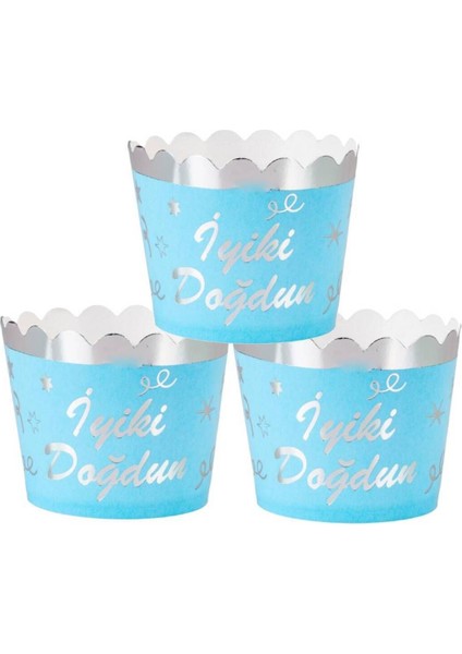 Iyi Ki Doğdun Mavi Gümüş & Cupcake Kalıbı & Kek Kapsülü & 25'li Kek Kalıbı