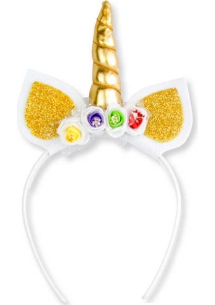 Taç Unıcorn Boynuzlu Çiçekle Süslü Altın